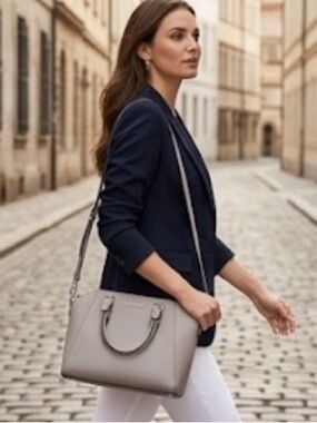 Michael Kors Ciara Medium Satchel Grey Saffiano Leather Crossbody Bag Silver Har